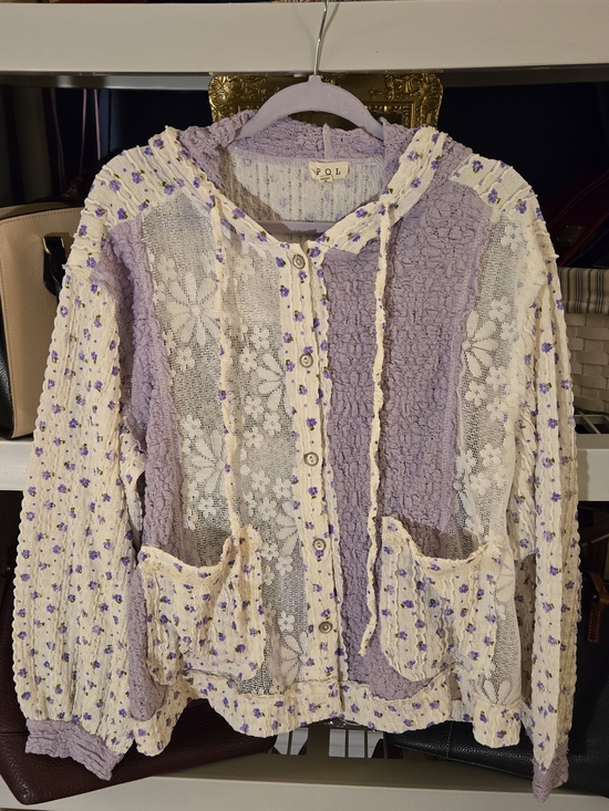 POL Tops - POL Lavender and Cream Floral Lace Button-Up Hoodie